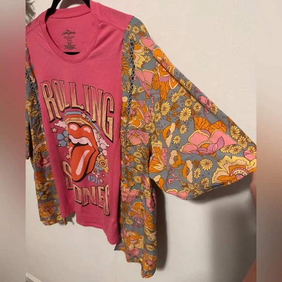 Custom Pink Rolling Stones Graphic Tee with Floral Sleeves - Picture 3 of 6